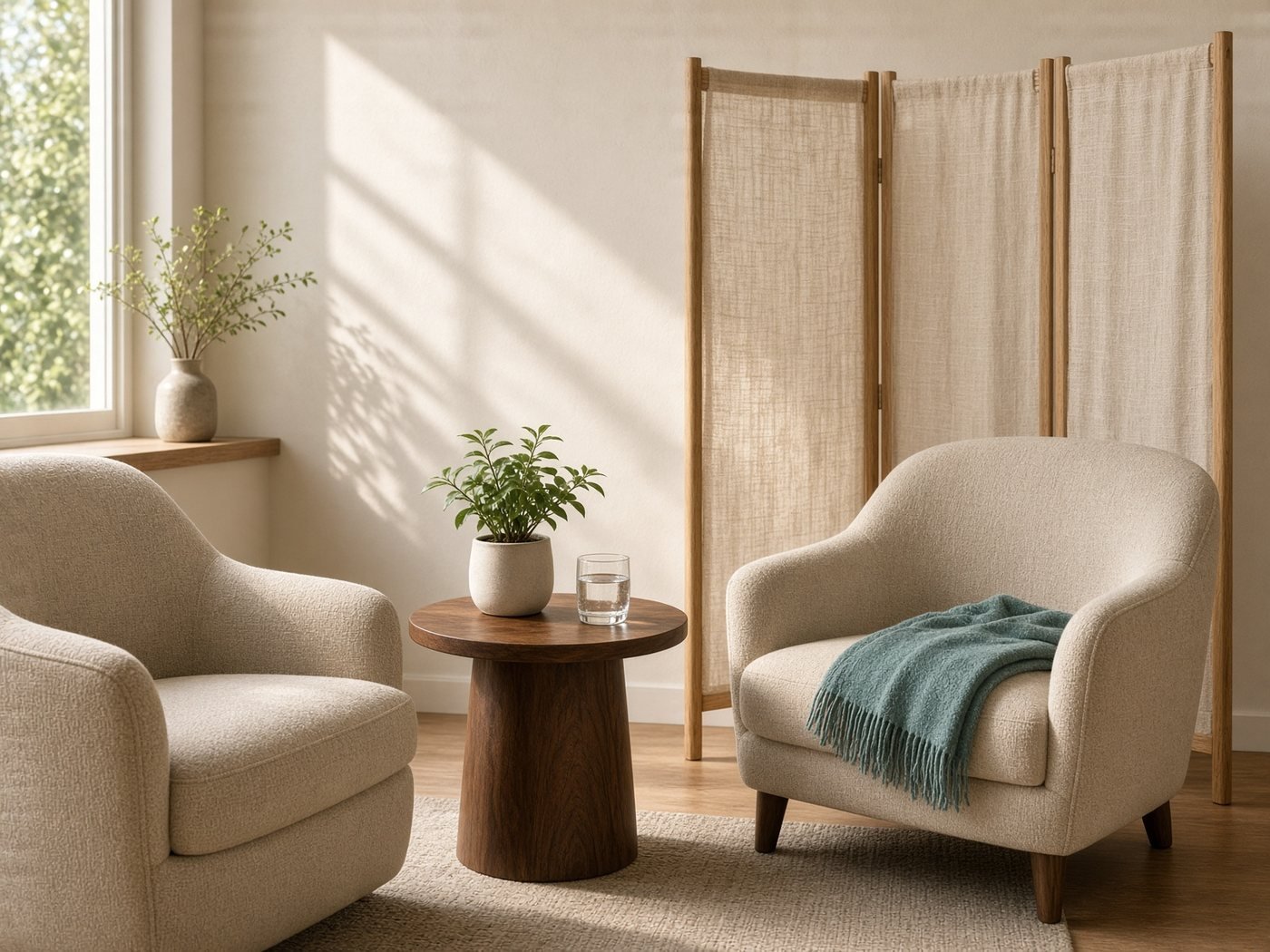 Quiet consultation seating in a physiotherapy clinic