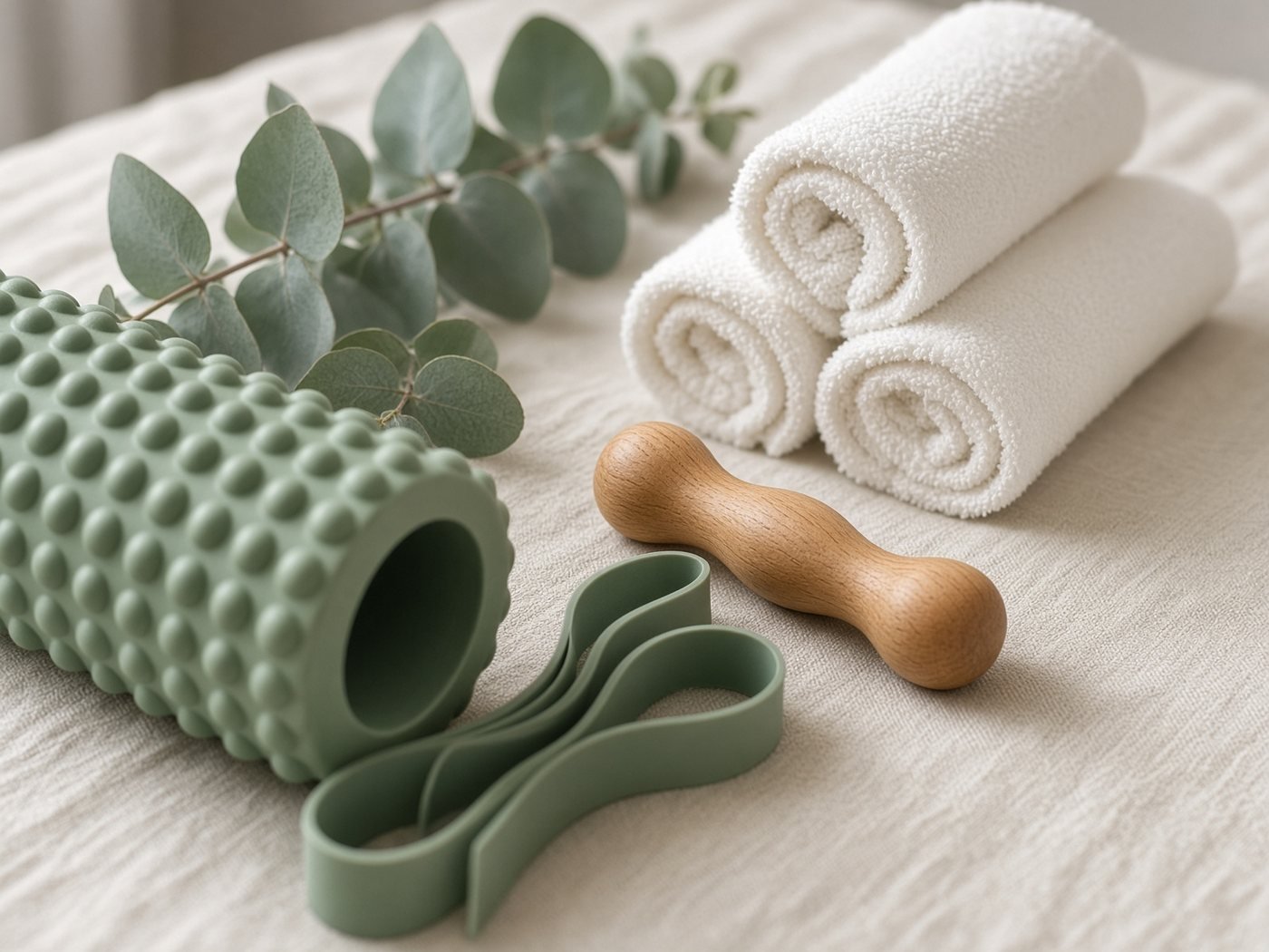 Physiotherapy tools arranged on a linen treatment table