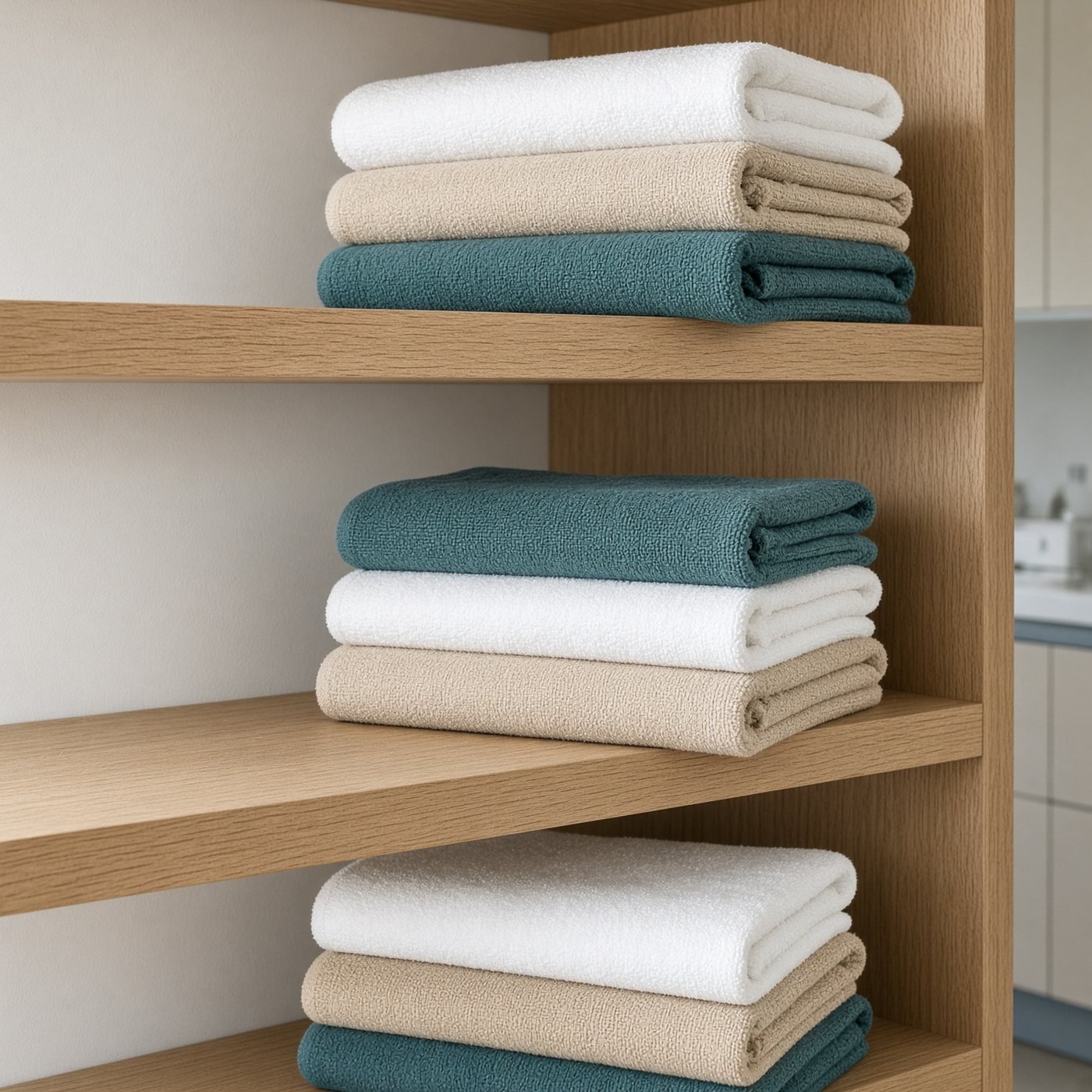 Folded clinic linens on oak shelves