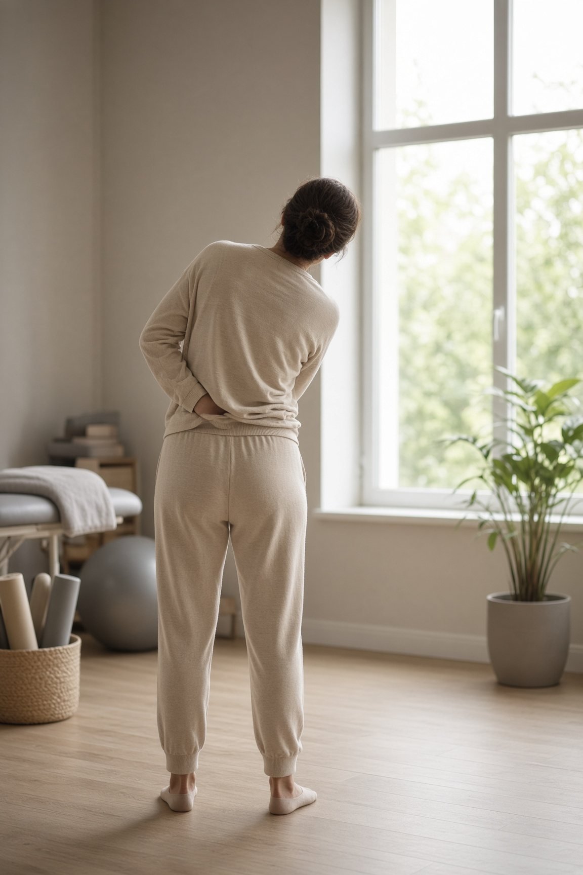 Person stretching near a bright window, photographed from behind