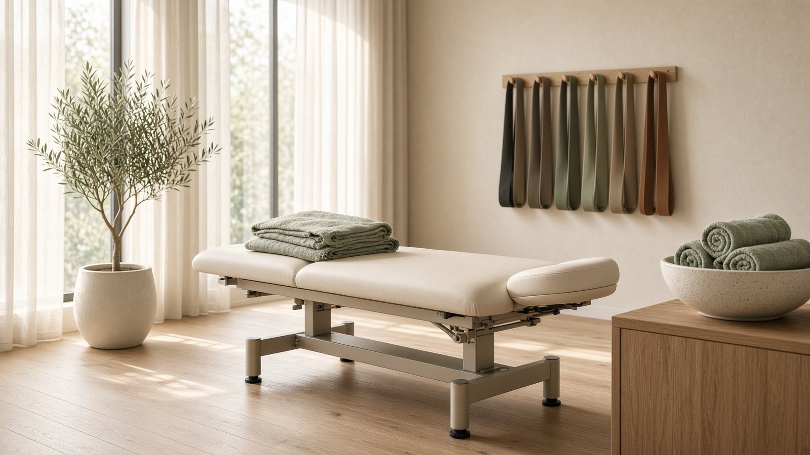 Calm treatment room at a physiotherapy clinic with natural light, linen-covered table and indoor plants